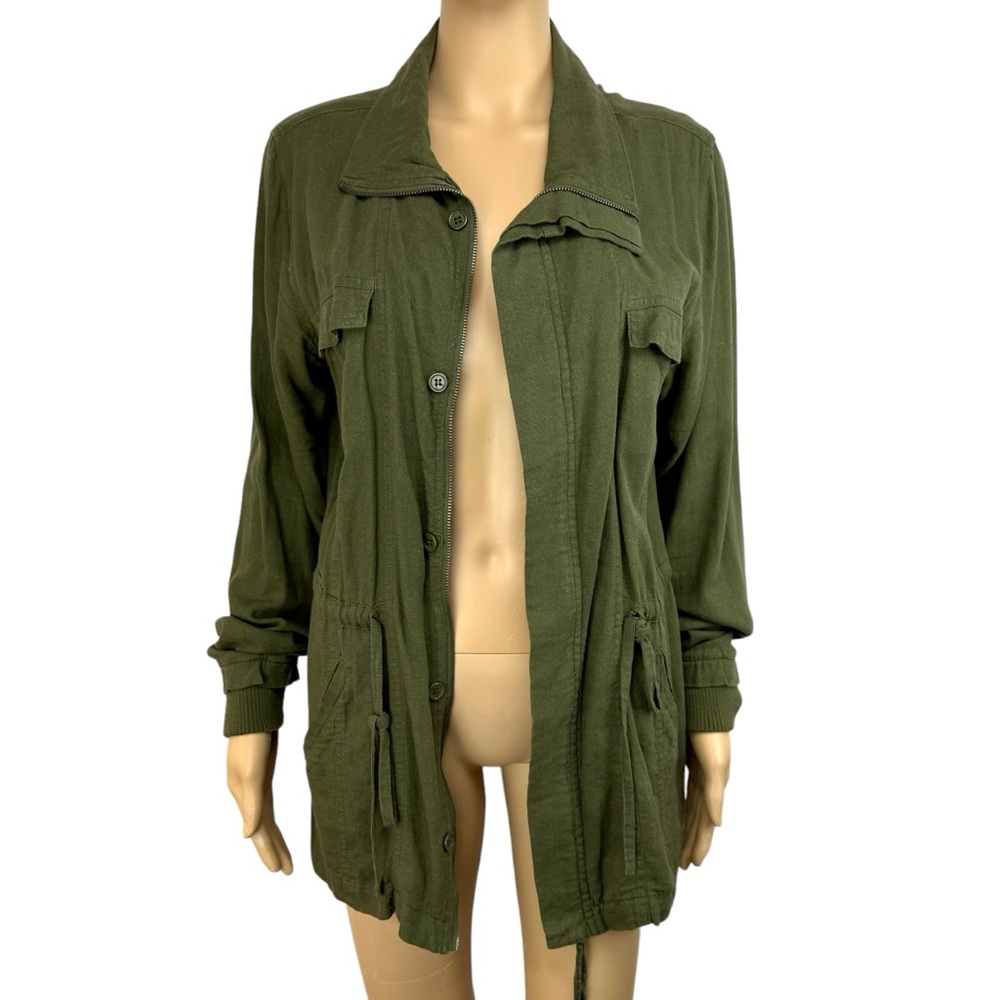 Love Tree Womens Linen Utility Jacket L Olive Green Army Lightweight Casual